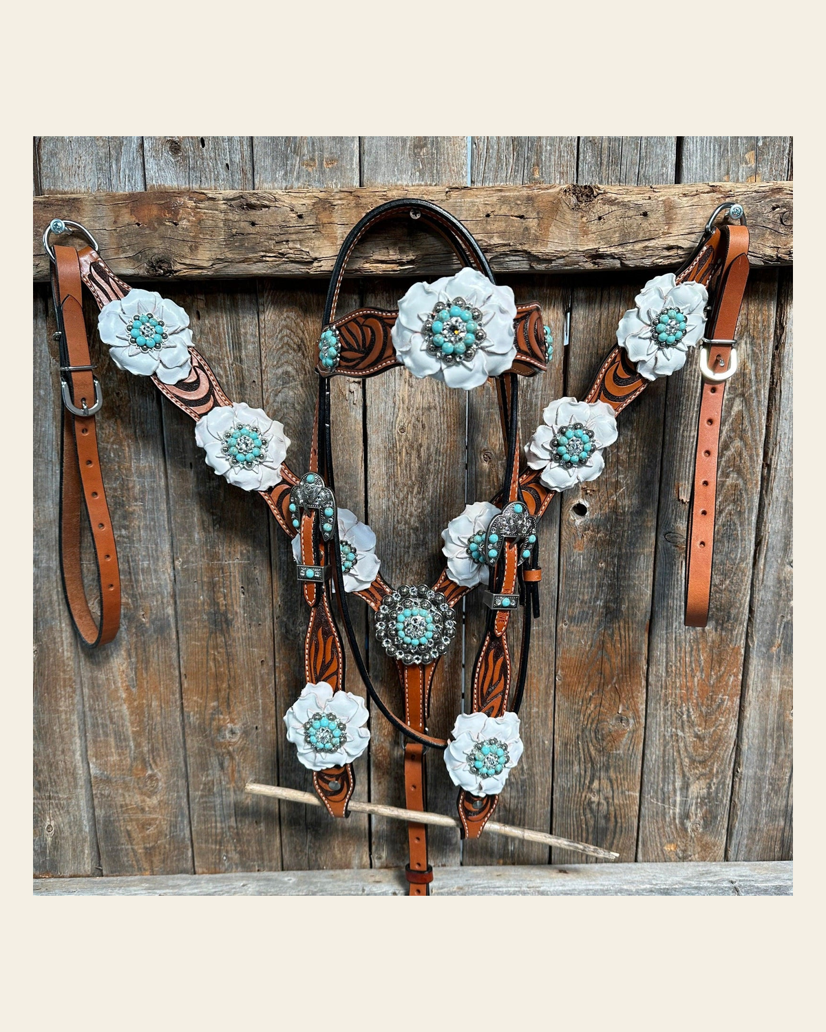 Zebra Turquoise and White Browband / Breastcollar Tack Set #BBBC536 on a warm cream background