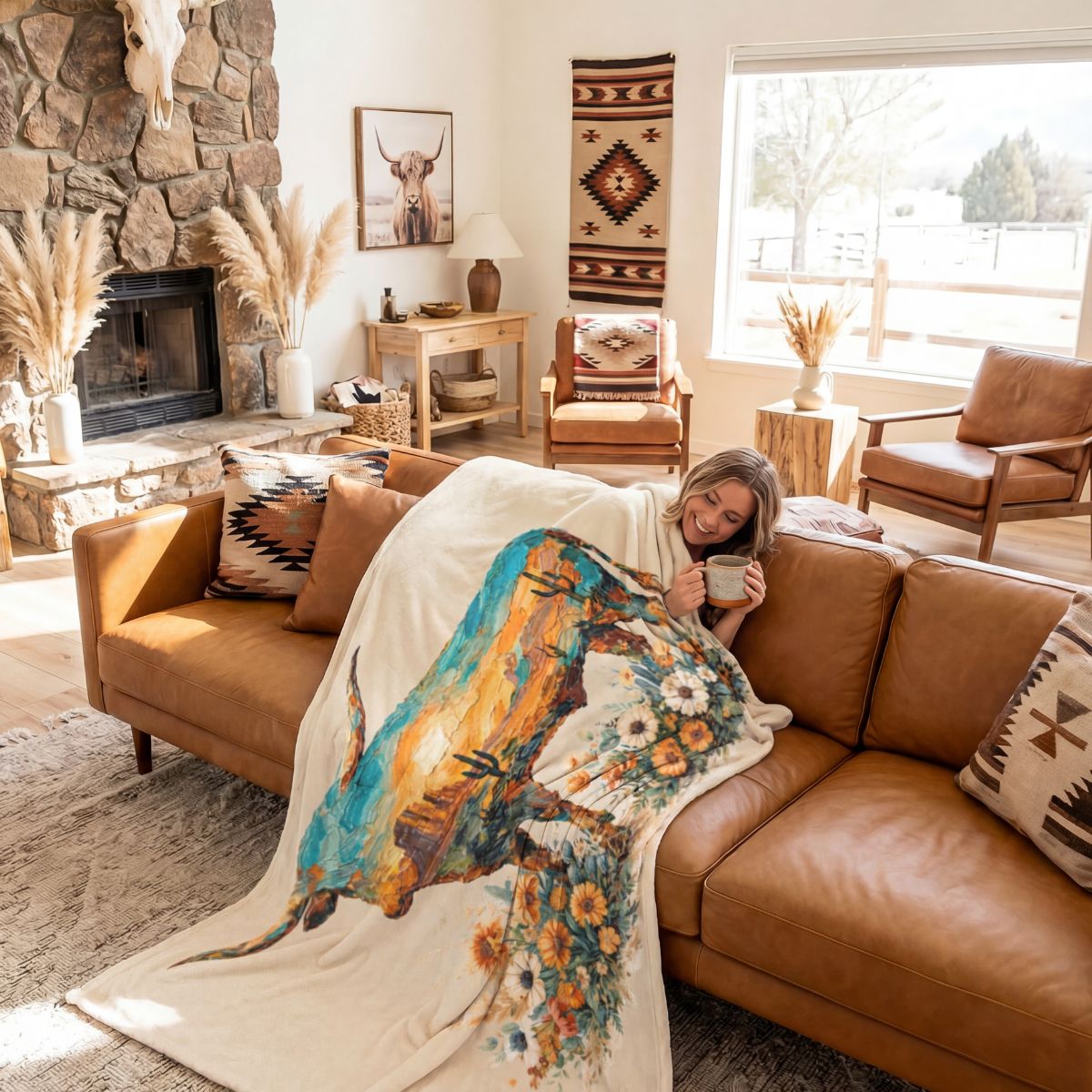 Baha Ranch Painted Longhorn Throw Blanket 60" x 80" Made in America by Baha Ranch Western Wear - product image 3